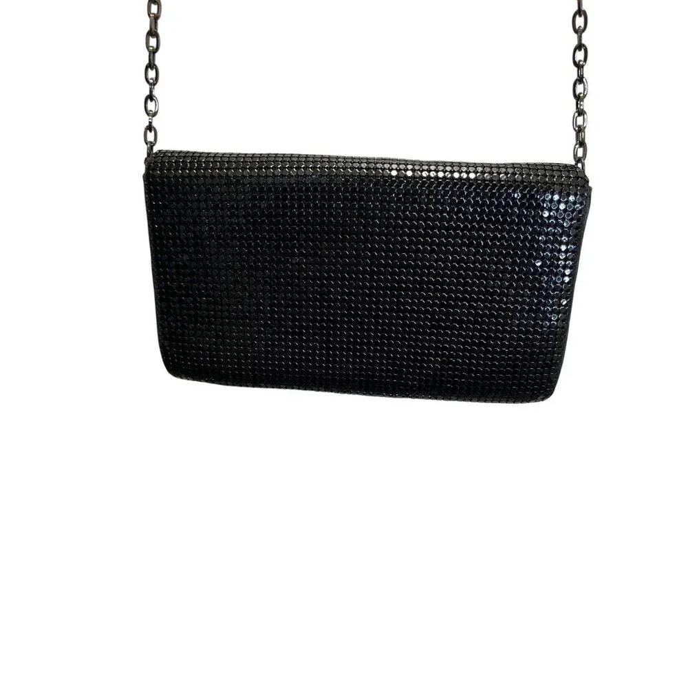 Whiting & Davis Black Rhinestone Evening Chain Clutch Metal Mesh Satin Interior
